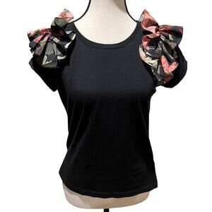 Eugenia Fernandez Floral Ruffle Shoulder Black Statement T-Shirt  Size S